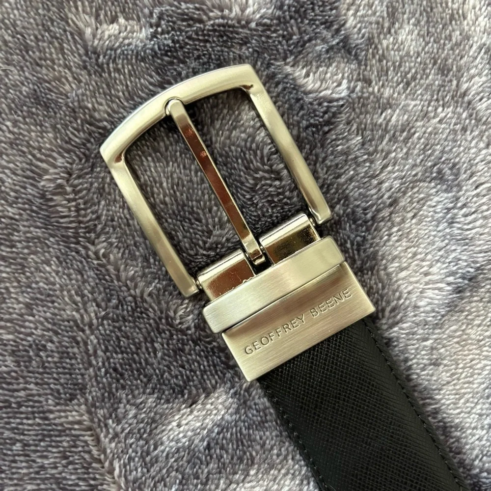 Geoffrey Beene Black Genuine Leather Belt Men's 36 Silver Tone Buckle